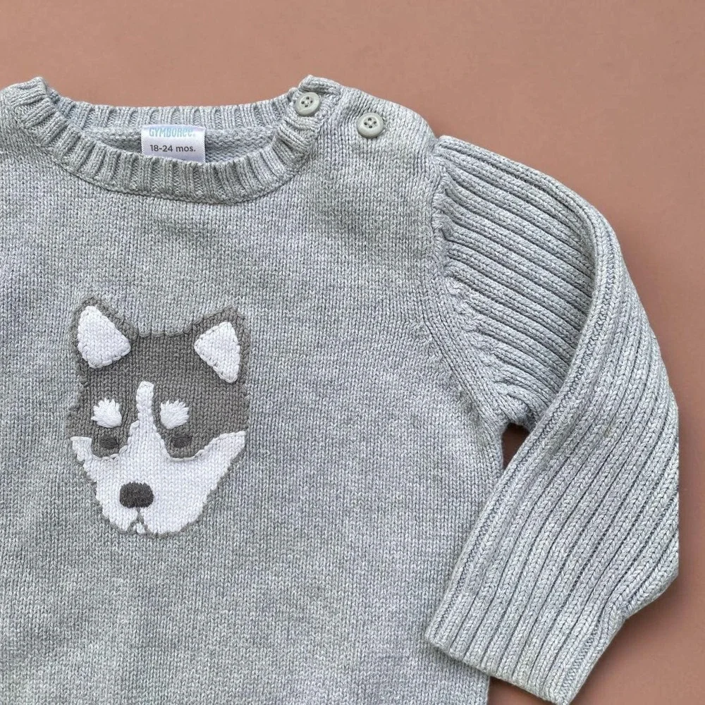 Gymboree 2008 Gray Husky Puppy Dog Cotton Knit Sweater 18-24M